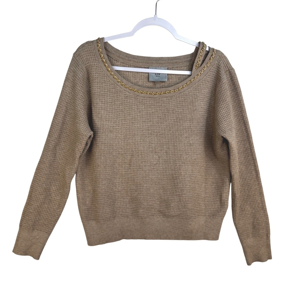LIV Milano Womens Taupe Waffle Knit Sweater Gold Chain Neckline Cutout Size L